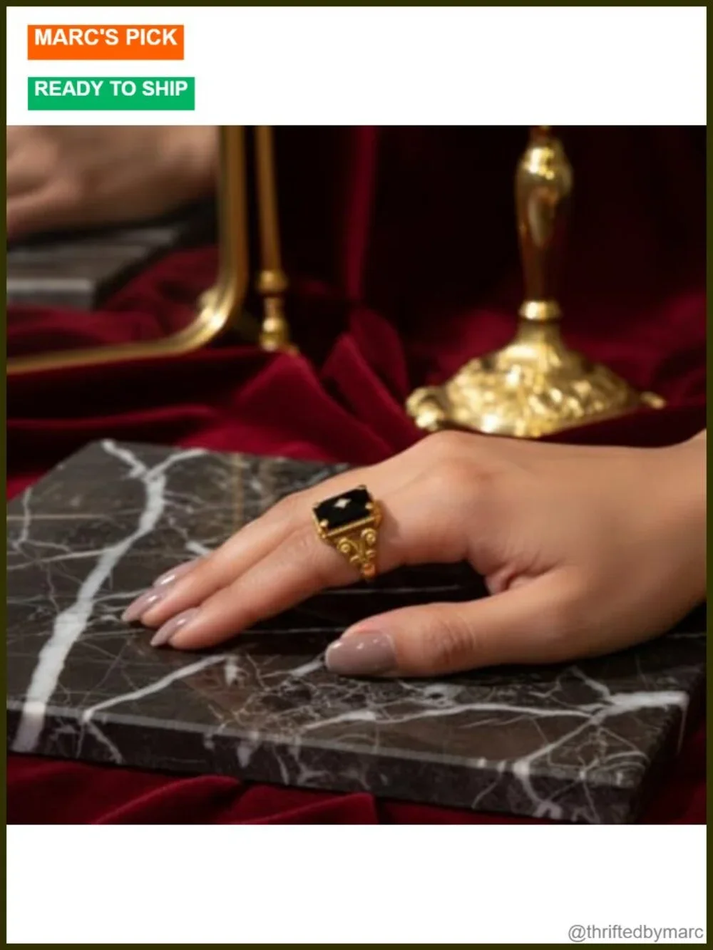 Art Deco Black Onyx 925 Sterling Silver Statement Ring for Women Yellow Gold